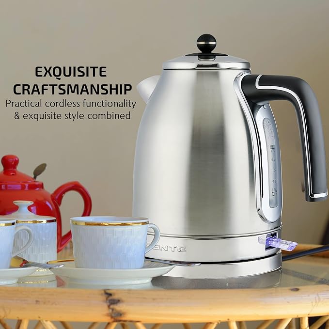 OVENTE 1.7L Electric Kettle, 1500W Fast Boiling Water Heater for Coffee or Tea with Stainless Steel BPA-Free and Cordless Body, Auto Shut-Off, Boil-Dry Protection and Removable Filter, Silver KS777S