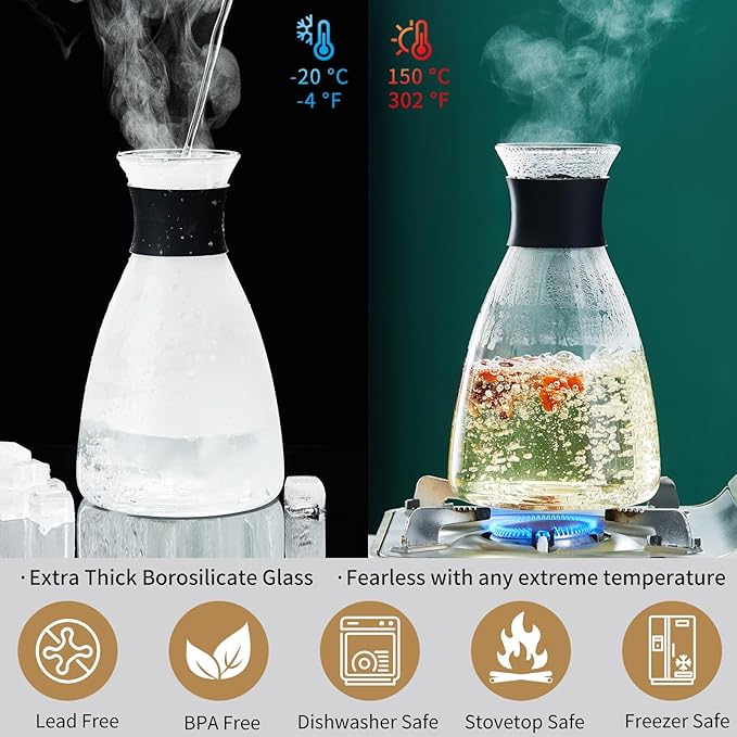 Glass Pitcher with Lid and Spout, 62 OZ Water Jug, Glass Carafe with Lid for Hot/Cold Water, Large Pitcher for Coffee, Juice,Homemade Iced Tea Beverage 1800ML