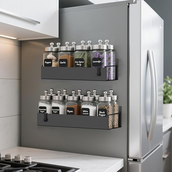2 Pack Magnetic Spice Rack Organizer for Refrigerator and Oven, Movable Magnetic Hanging Kitchen Spice Rack with 2 Hooks, Black
