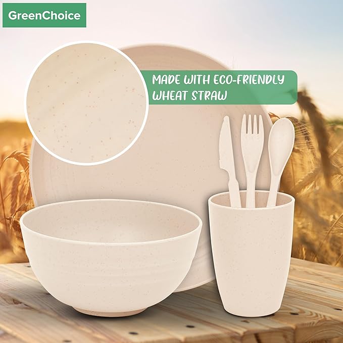 Wheat Straw Dinnerware Sets for 4 - GreenChoice Lightweight & Unbreakable Dishes Microwave & Dishwasher Safe Perfect for Camping, Picnic, RV, Dorm Plates, Cups and Bowls (Beige)