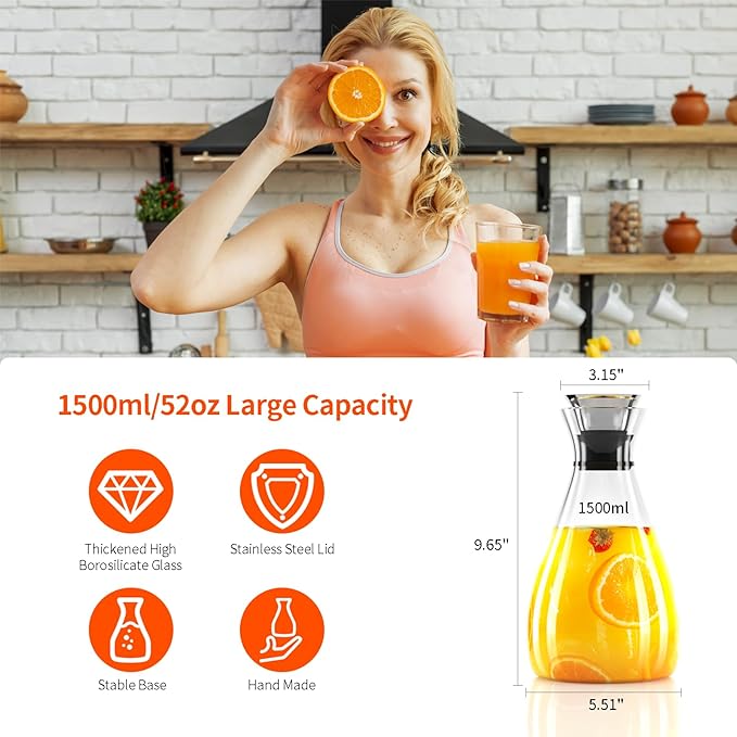 Glass Pitcher with Lid, 52 Ounces Juice Pitcher High Borosilicate Drip-free Glass Carafe Easy Pour Gallon Pitcher for Hot/Cold Water, Ice Tea, Juice Beverage, Transparent