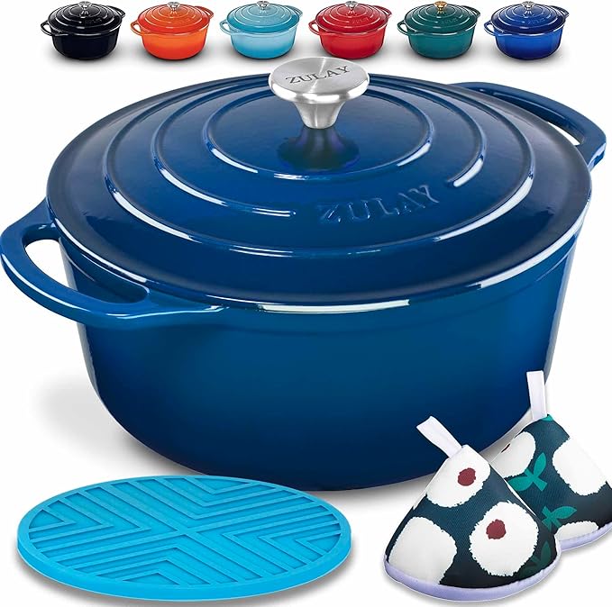 Zulay Kitchen 7.7 Quart Enameled Cast Iron Dutch Oven with Lid, Silicone Trivet & Heat Pad – Premium Durability & Oven Safe up to 500°F – Heavy Duty Cookware Perfect for Bread Baking, Stews, Braising & Roasting – Blue