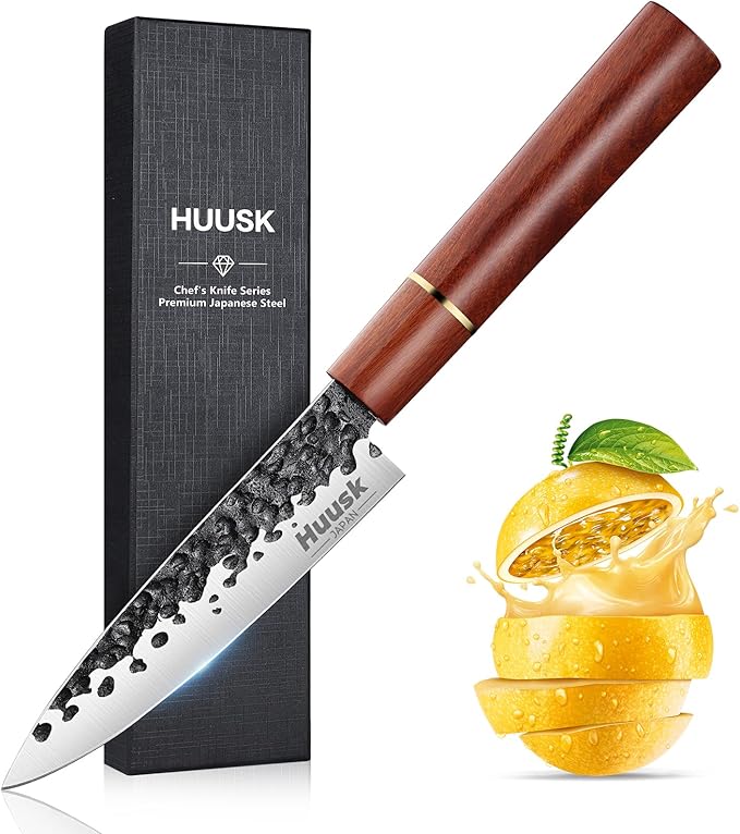 Huusk Japanese Paring Knife 5 Inch, Hand Forged Fruit Knife, High Carbon Steel Utility Kitchen Knife, Japanese Petty Chef Knife with Rosewood Handle, Small Peeling Knife for Vegetable, Gift for Dad