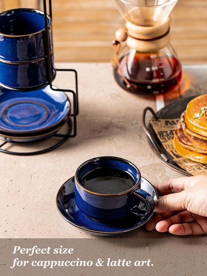 Gomakren 6 Ounce Cappuccino Cups with Saucers and Metal Stand, Stackable Coffee Cup Set of 4, Halloween Porcelain Espresso Cups for Coffee Drinks, Cappuccino, Latte, Americano, Tea, Cobalt Blue