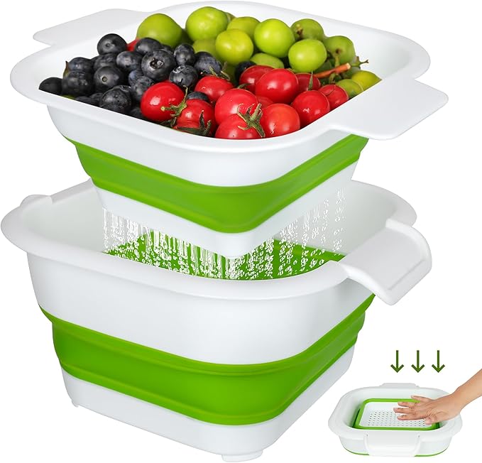 Collapsible Colander Set with Strainer Bowl, 2 in 1 Fruit Washing Basket with Strainer, 5 + 3 QT Plastic Colanders for Kitchen, Foldable Double Layered Colander Bowl for Berry, Vegetable, Green