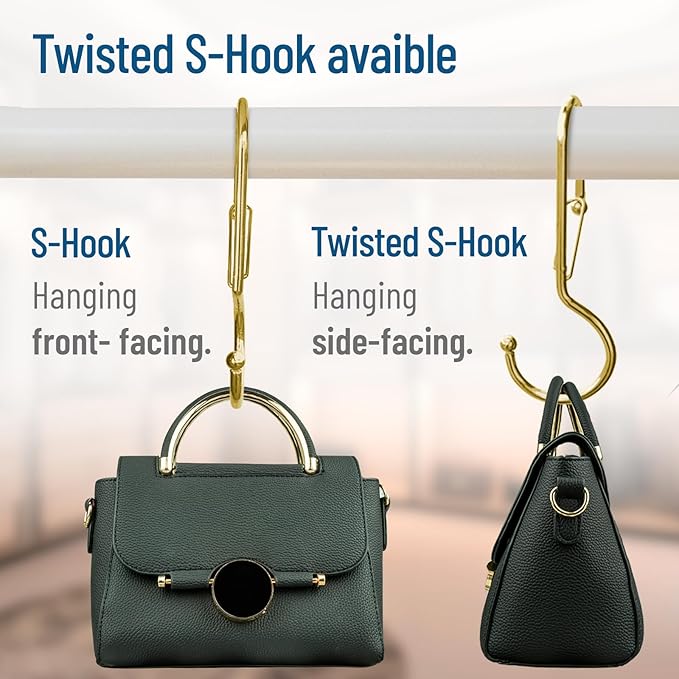 10-Pack Metal S Hooks for Hanging – Heavy-Duty S-Shaped Hook with Safety Buckle – Fits Bars up to 0.8 In – Anti-Drop S-Hooks for Kitchen, Bathroom, Closet & Pot Racks – Gold (Medium)