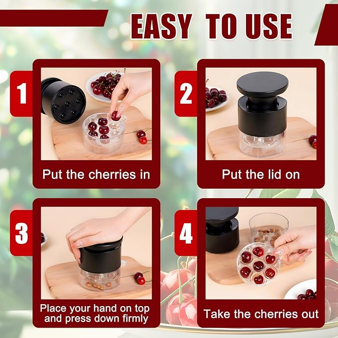 Cherry Pitter, 7-Hole Push-Type Cherry Pitter with Pit Storage Tray, Efficient Pit Removal, Multi-Particle Separator, Fruit Seed Remover Tool (Black)