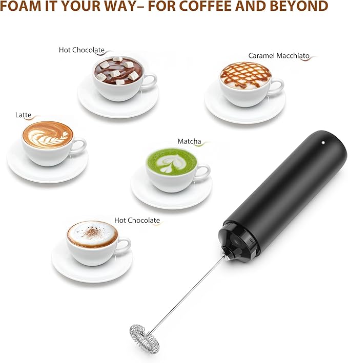 Black Milk Frother Wand, Electric Foam Maker Frother Wand, Hand Mixer for Lattes, Stainless Steel Mixing Head, Detachable for Cleaning, Cappuccino - Kitchen Gift