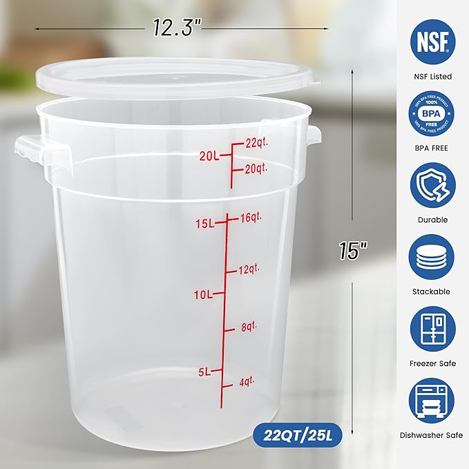 4 Pack 22QT Round Food Storage Containers with Lids, BPA-Free Polypropylene NSF Commercial Food Container, with Labels & Measuring Cup