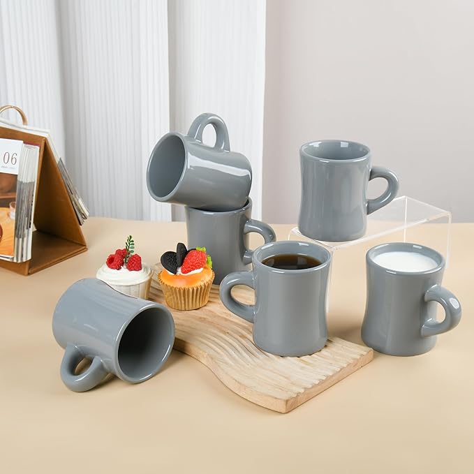 11oz Ceramic Coffee Mug set Stoneware Coffee Cups Set for Restaurant, Diner, Farmhouse, Coffee Shop, Home set of 6(Gray)