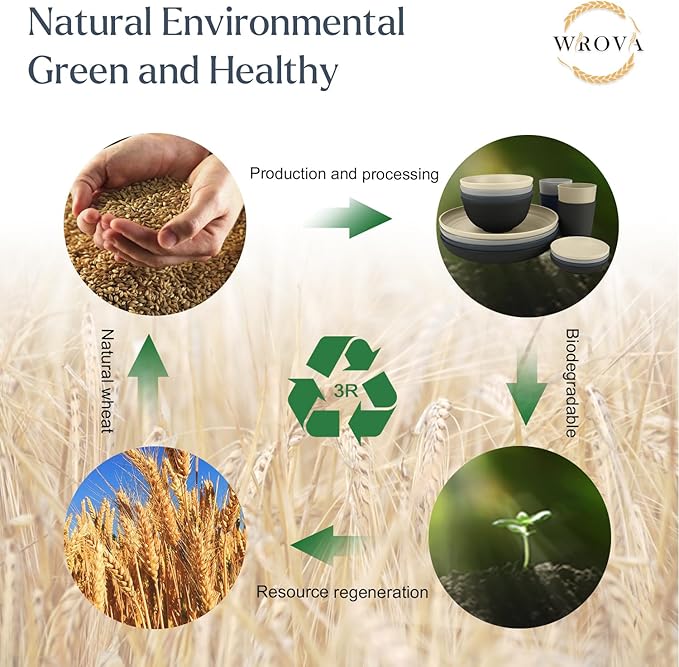 Wheat straw plates and bowls sets of 16 - Unbreakable wheat straw dinnerware sets for camping - Dishwasher safe and Freezer safe Dishes. Black & Grey