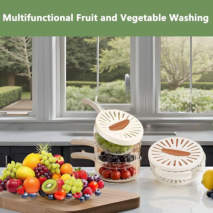 2 in 1 Draining and Preservation Basket,1QT(1000ML) Multipurpose Drain Basket with Lid & Foldable Handle,Fruit Strainer Container for Fridge Freshness,Outdoor Picnics
