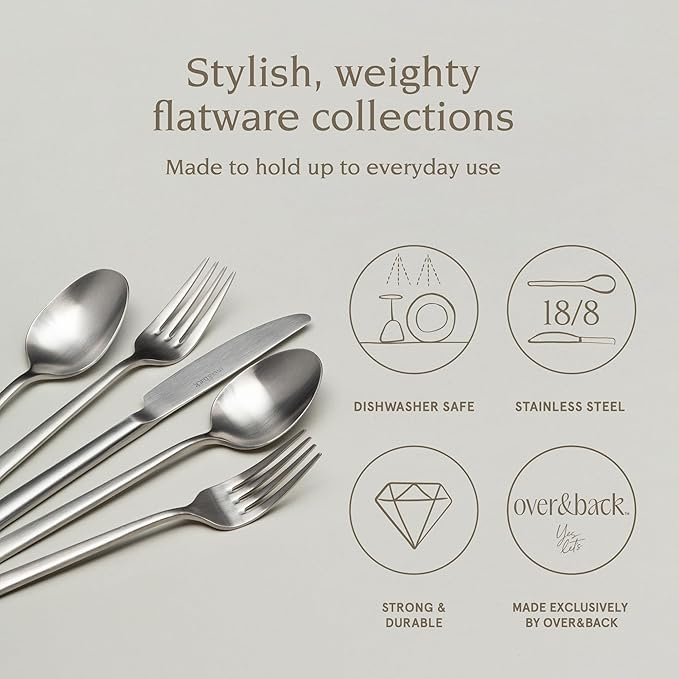 over&back 20pc Modern Flatware Cutlery Set - Comes with 4 Dinner Forks, 4 Salad Forks, 4 Dinner Knives, 4 Dinner Spoons, and 4 Teaspoons - 18/8 Stainless Steel - Dishwasher-Safe - Brushed Stainless