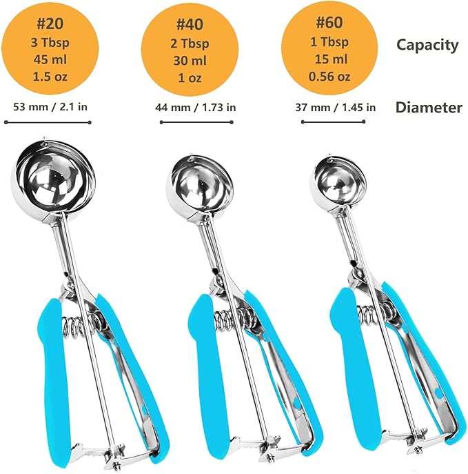 Cookie Scoop Set, 3Pcs Ice Cream Scoop, Cookie Scoops for Baking Set of 3, 18/8 Stainless Steel Cookie Scooper for Baking, Ice Cream Scooper with Trigger Release, Blue Soft Grip Cookie Dough Scoop