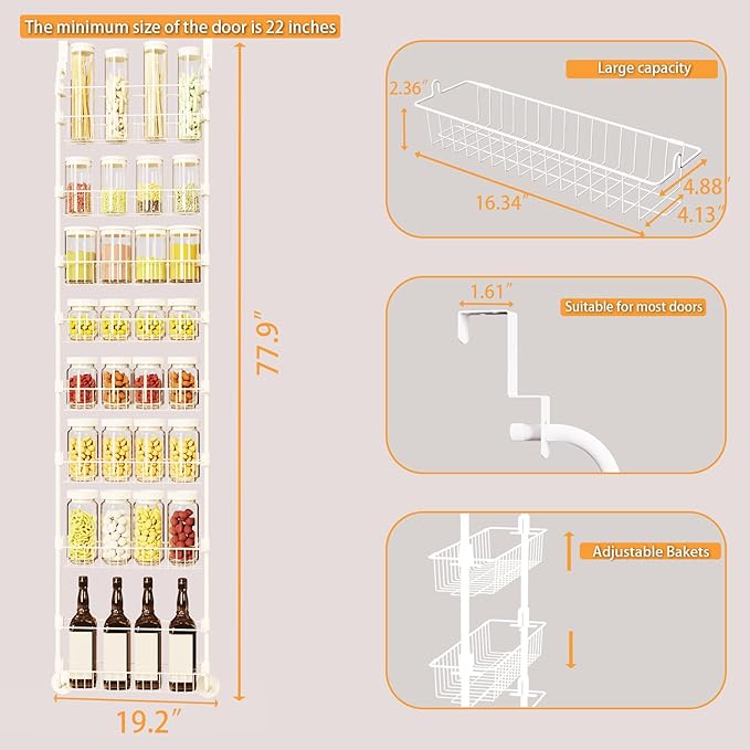 8-Tier Over The Door Pantry Organizers, Pantry Door Organizer and Storage with Adjustable Baskets,Heavy-Duty Metal Spice Rack,essential kitchen and home Shelves (white)