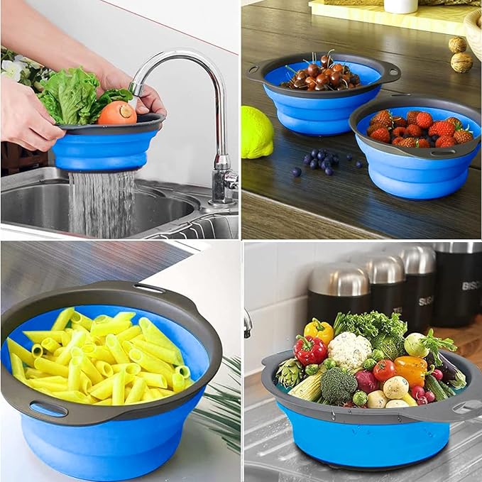 Collapsible Colander, Set of 2 PCS Collapsible Strainer, Space-Saving Kitchen, Food-Grade Silicone Folding Strainer Colander with Handle (Blue)