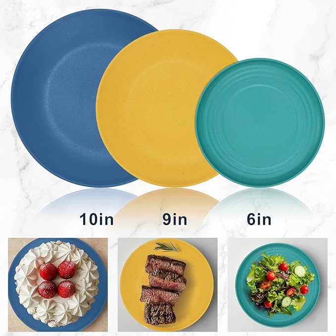 64-Piece Service for 8 Dinnerware Set - Unbreakable Wheat Straw Dinnerware sets of 64 - Dinner plates/Snack plates/Cereal bowls/Drinking Cups/Cutlery for Outdoor camping and indoors.Colorful