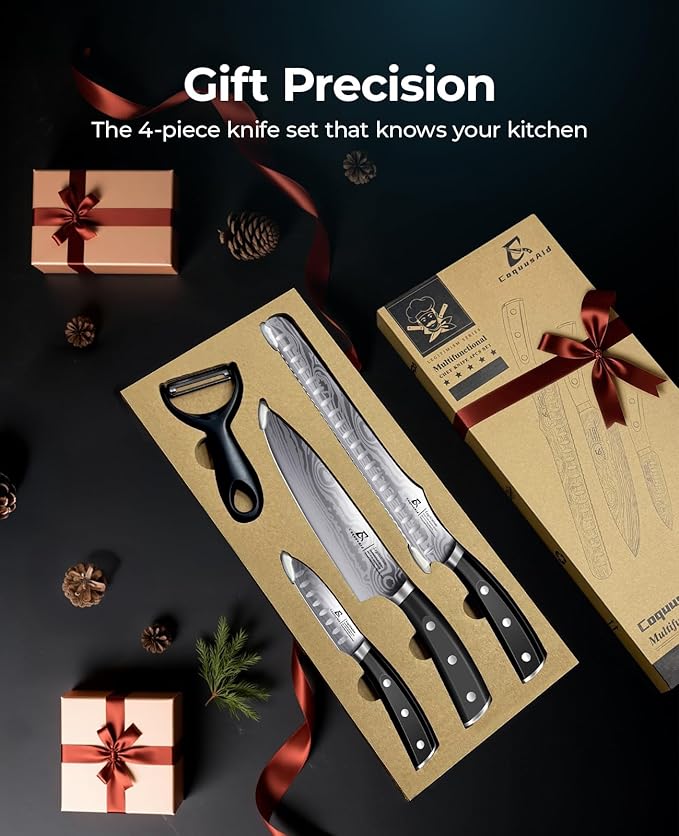 Essential Chef Knife Set, Professional Damascus Pattern Kitchen Knives Set 4 Pcs without Block, German Stainless Steel Sharp, for Bread, Meat Cutting, Fruits, Vegetable, Bbq, Home Cooking, Gift Box