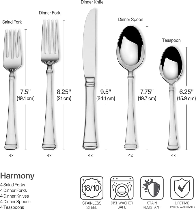 Mikasa, Harmony Flatware Service for 4, 20 Piece Set, 18/10 Stainless Steel Silverware Set