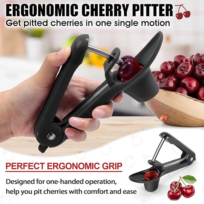 SCHVUBENR Cherry Pitter Tool - Stainless Steel Cherry Corer Pitter with Ergonomic Push Design - Easy to Use for Making Cherry Jam - Pit Cherry with Ease, Saving Time & Space with Lock Design(Black)