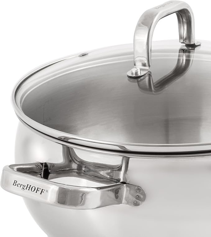 BergHOFF Belly Shape 18/10 Stainless Steel 9.5 inches Stockpot 5.5qt., Glass Lid with Steam Vent, Fast, Evenly Heat, Induction Cooktop Ready