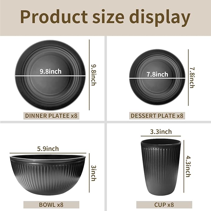 Wheat Straw Dishes Set for 8, Dinnerware Sets 32 piece, Unbreakable Plates, Bowls, Cups Sets for Kitchen Parties Camping RV - Grey