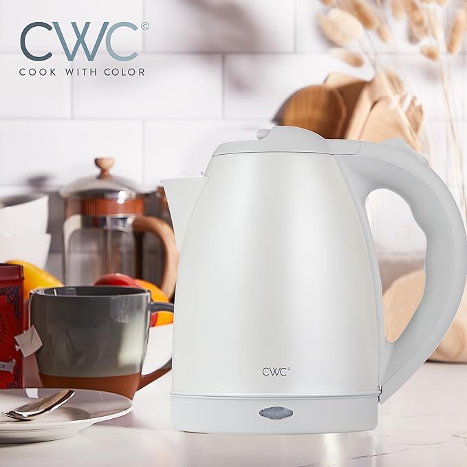 COOK WITH COLOR Electric Kettle - Rapid Boil, Sleek Design, and Safety Features - Great for Quick and Easy, Stainless Steel Crème, 1.7 Liters