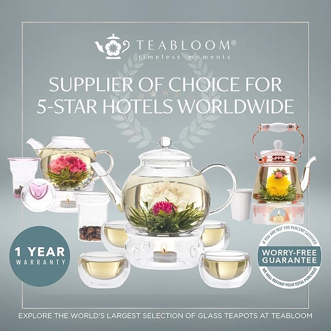 Teabloom Palais Pour Tea Maker & All-Beverage Jug – 40oz Elegant Borosilicate Glass Pitcher with Stainless Steel – Premium Loose Leaf Tea & Fruit Infusion Steeper