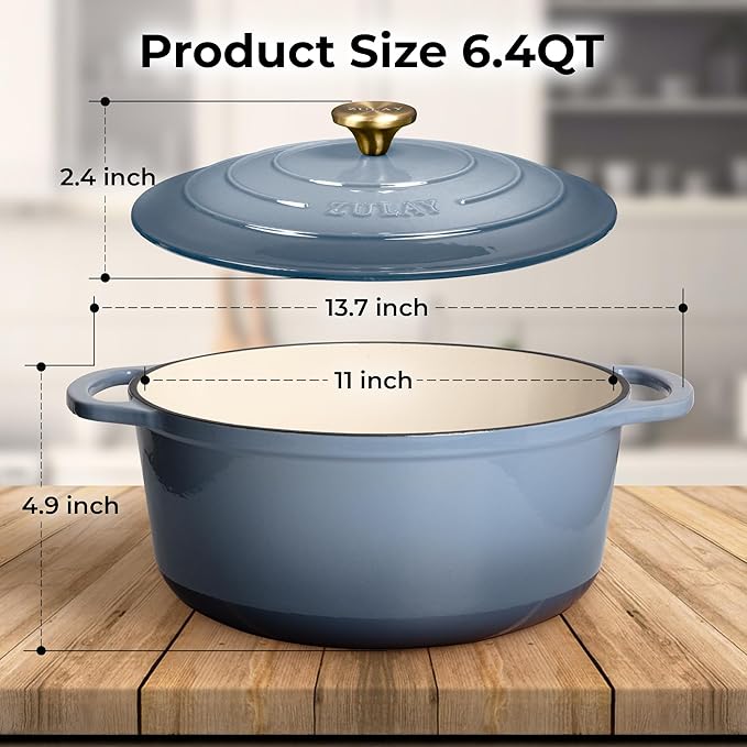 Zulay Kitchen 6 Quart Enameled Cast Iron Dutch Oven with Lid - Premium Durability & Oven Safe up to 500°F – Heavy Duty Cookware Perfect for Bread Baking, Stews, Braising & Roasting - Aquamarine