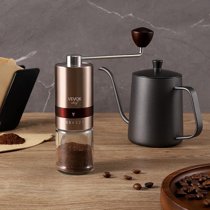 VEVOK CHEF Gold Manual Coffee Grinder Stainless Steel Burr Coffee Grinder with Portable Bag External Adjustable Setting Small Hand Coffee Grinder Ultra Fine for Espresso at Home Morning Coffee