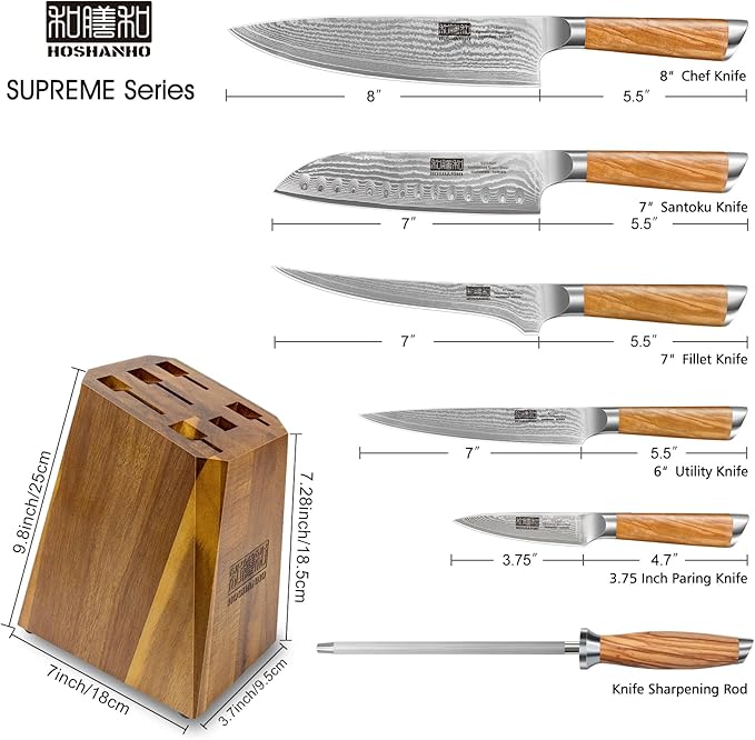 Knife Set with Block 7-Piece, Professional 67-layer Damascus Super Steel Kitchen Knife Sets for Cooking, Ultra Sharp Knife Set with Sharpener