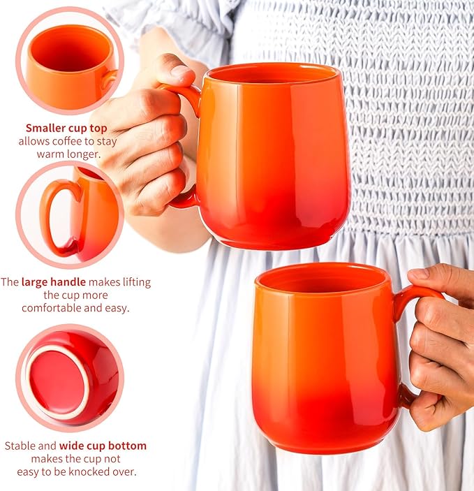 Hasense Ceramic Coffee Mugs Set of 4,15oz Large Mugs Set for Home and Office, Microwave & Dishwasher Safe, Coffee Cups for Coffee Tea Mike, Gradient Orange