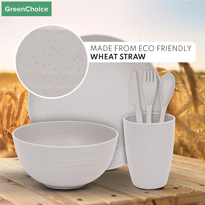 Wheat Straw Dinnerware Sets for 4 - GreenChoice Lightweight & Unbreakable Dishes Microwave & Dishwasher Safe Perfect for Camping, Picnic, RV, Dorm Plates, Cups and Bowls (Gray)