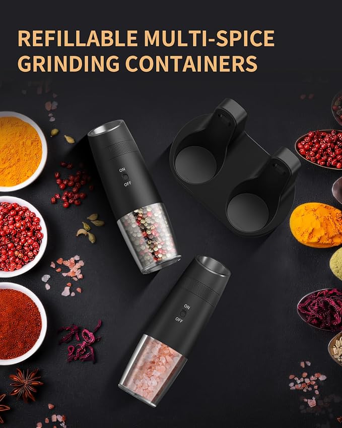 CIRCLE JOY Gravity Electric Salt and Pepper Grinder Set Automatic Shakers Upgraded Pepper Mill with Rechargeable Base, External Adjustable Coarseness, LED Light, Easy Refill for Kitchen & Outdoor