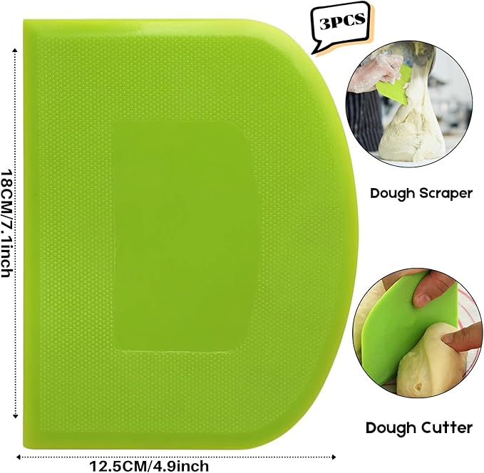 SURDOCA Dough Scraper Bench Scraper - 3P 7.1x4.9" Plastic Flexible Bowl Scraper, Sharp Edge & Angles Cake Scraper. Non-Slip Bakeware Decorating Tools Sculpting & Modeling Tools - Blue+Yellow+Green