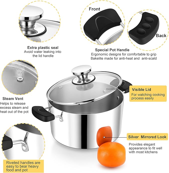 4 Quart 3-Ply Cooking Stock Pot with Lid, P&P CHEF Stainless Steel Large Pot for Pasta Soup, Work on Multi Stove, Heavy Duty & Dishwasher Safe, Dual Heat-resistant Handles & Visible Lid