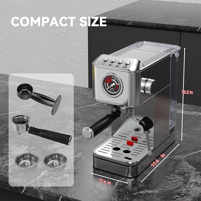 EM623 Espresso Machine 20 Bar with Steam Milk Frother, Stainless Steel Coffee Machine with Removable Water Tank for Cappuccino,Latte, Compact Stainless Steel Coffee maker for home,Great Gift