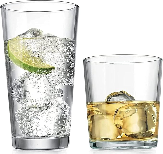 Glaver's Drinking Glasses Set of 12. Glassware set, 6 Highball Glass Cups, 6 Whiskey glasses.17 oz Tall Glass Set and 13 oz Rock Glasses. Classic Drinkware Set