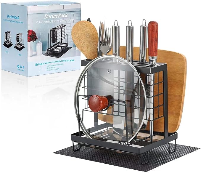 Universal Knife Block Holder, Kitchen Knife Holder Storage Organizer, Kitchen Utensils Holder, Cutting Board Rack, Pot Pan Lid Holder with Non-Slip Pad for Counter, Cabinet (Black)