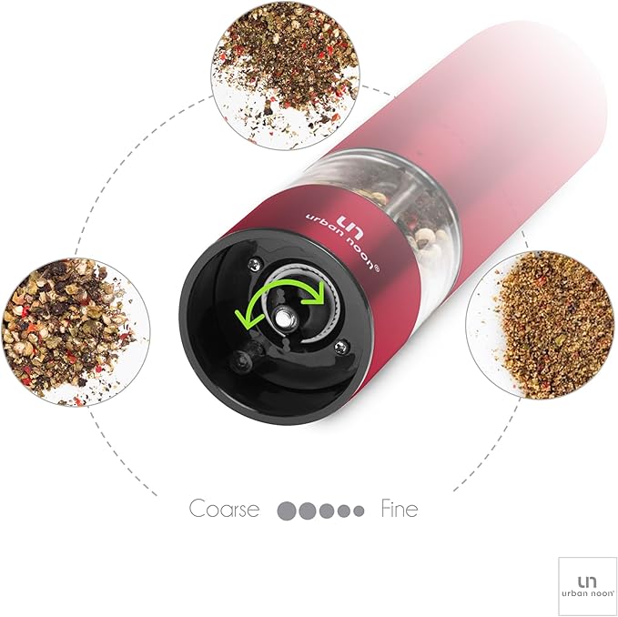 Electric Salt and Pepper Grinder Set - 2 Battery Operated Stainless Steel Mills with Light (Elegant Red Burgundy) - Automatic One Handed Operation - Electronic Adjustable Shakers - Ceramic Grinders