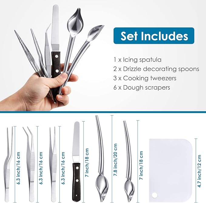 Patelai 12 Pieces Culinary Precision Drizzle Spoons Plating Tools Cooking Tweezers Stainless Steel Drawing Spoons Plastic Dough Scrapers Wood Icing Spatula for Chef Food Culinary Plating Decorating