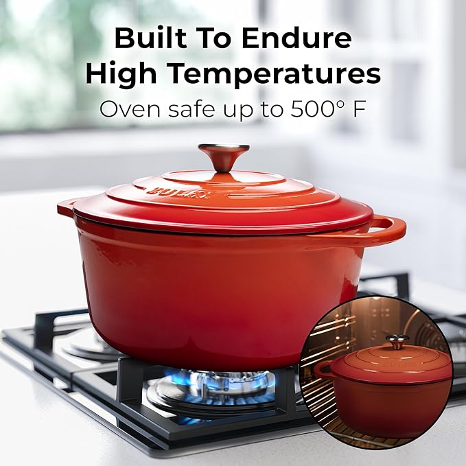 Zulay Kitchen 5 Quart Enameled Cast Iron Dutch Oven with Lid,Silicone Trivet & Heat Pad – Premium Durability & Oven Safe up to 500°F– Heavy Duty Cookware Perfect for Bread Baking, Stews, Braising & Roasting – Orange