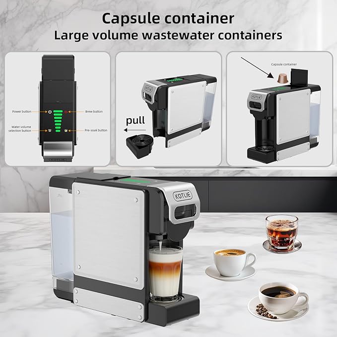 KOTLIE ST-550 Single Serve Coffee Maker, Espresso Capsule Coffee Maker for K*cup capsule/Ne*s Original/Dol*e Gu*to and Ground Coffee, 19Bar, 1L, Compact(Black)