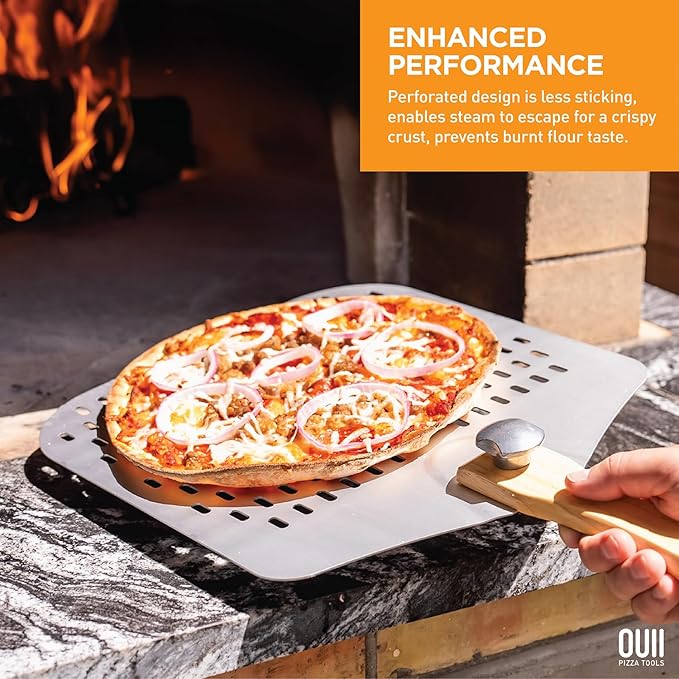 Perforated Pizza Peel 12 x 14 Inch. - Aluminum Metal Spatula Paddle for Grill with Foldable Handle. Pizza Oven Accessories and Tools. Turning Peel, Bread, Pastry, Dough, Cake.