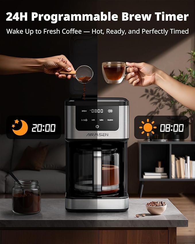 AIRMSEN 14-Cup Programmable Drip Coffee Maker – 1000W Fast Brewing Coffee Machine with Timer, Delay Start & 2H Keep-Warm, 73oz Tank, Touchscreen & Glass Carafe – Perfect for Home & Office Use