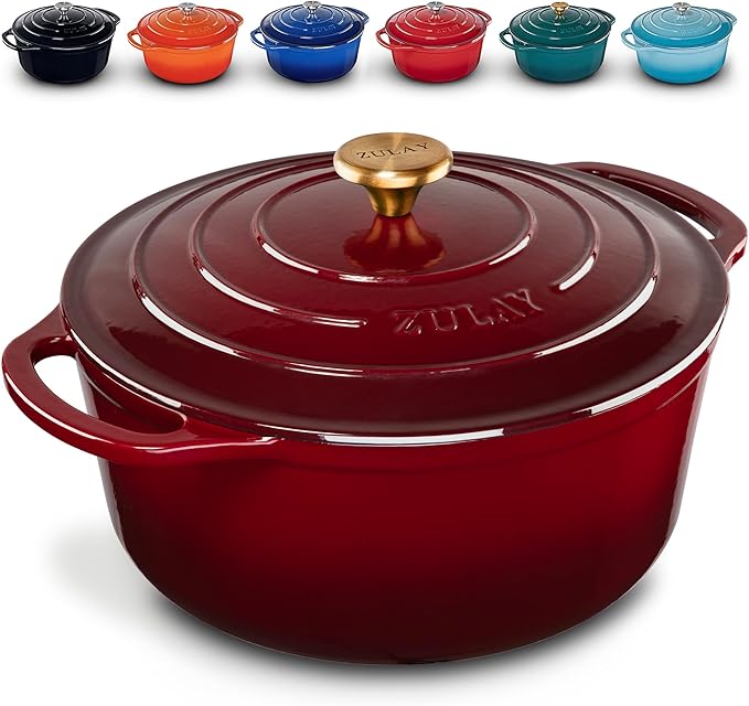 Zulay Kitchen 6 Quart Enameled Cast Iron Dutch Oven with Lid, Silicone Trivet & Heat Pad – Premium Durability & Oven Safe up to 500°F – Heavy Duty Cookware Perfect for Bread Baking, Stews, Braising & Roasting – Garnet