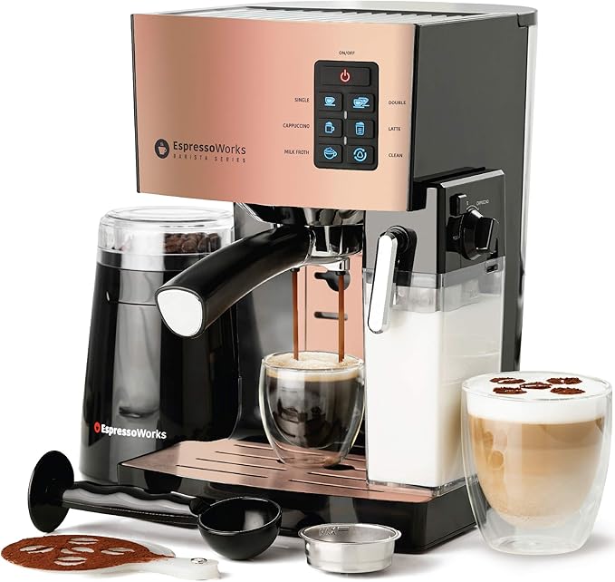 EspressoWorks 19-Bar Espresso, Latte and Cappuccino Maker 10-Piece Set - Brew Cappuccino and Latte with One Button - Espresso Machine with Milk Steamer 1250W - Coffee Gifts (Rose Gold)