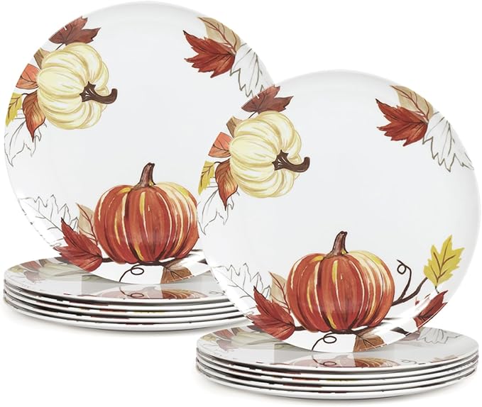 12pcs Melamine Dinner Plates,10 Inch Pumpkin & Autumn Leaf Decorations Plate,Reusable Melamine Dishes Set for Thanksgiving & Fall Decor Party, Ideal for Salad,Dessert,Fruit and Cakes