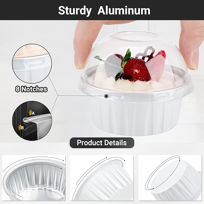 EUSOAR Mini Cheesecake Pans and Disposable Sporks, 120pcs 5oz Creme Brulee Ramekins Disposable, Foil Muffin Cupcake Liners Ramekins Baking Cups with Lids for Party Wedding Birthday Picnic Gathering