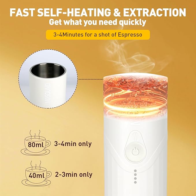 Portable Espresso Machine, Electric Travel Coffee Maker for Camping, Car Coffee Maker Self-Heating with USB-C, Compatible with Ground Coffee & NS Capsule for RV, Hiking, Office